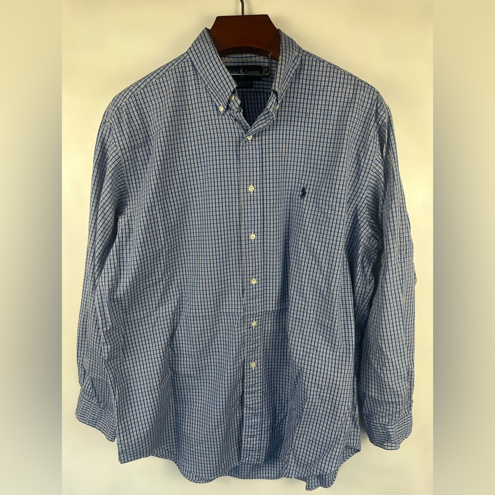 Men’s Polo‎ Ralph Lauren Yarmouth Blue White Plaid Long Sleeve Shirt 17-35
